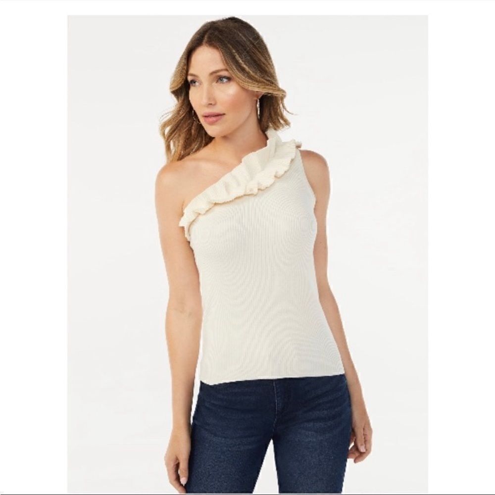 Womens Sofia Vergara One Shoulder Ruffled Knit Tank Top Shirt Size S, M, XL